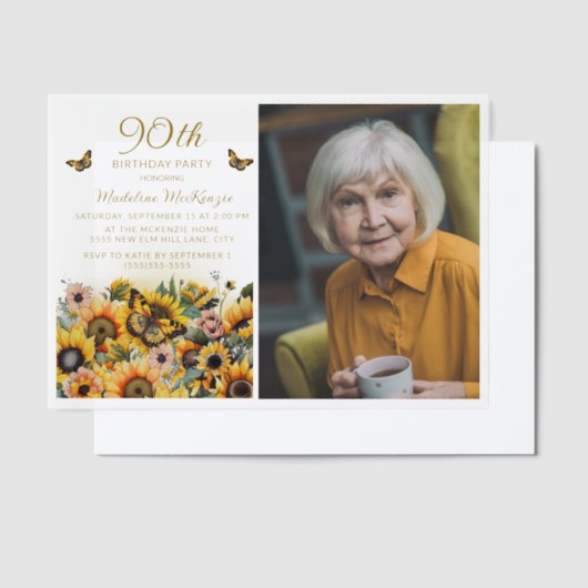 Sonnenblumen Schmetterlinge Frauen's 90. Geburtsta Pergament Einladungen (Versetzt)