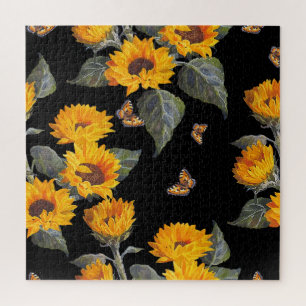 Sonnenblumen & Schmetterlinge: Wasserfarbe Schwarz Puzzle