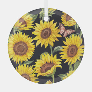 Sonnenblumen, Schmetterlinge, Wasserfarbe schwarze Ornament Aus Glas