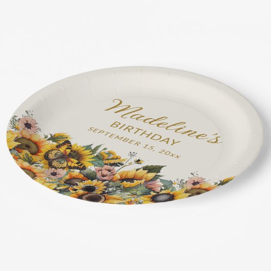 Sonnenblumen Schmetterlingsfrauen zum Geburtstag Pappteller (Schrägansicht)