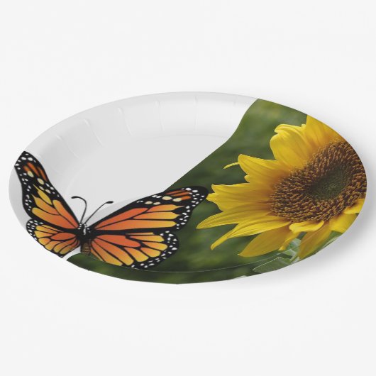 Sonnenblumen Schmetterlingspapier-Teller Pappteller (Schrägansicht)