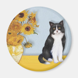 Sonnenblumen - Schwarz-Weiß-Katze Magnet