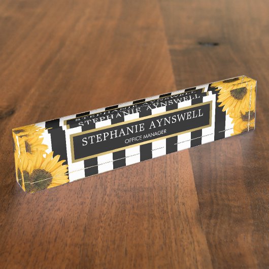 Sonnenblumen Schwarz-weiß Streifen Gold Personalis Namensplakette (Seite)