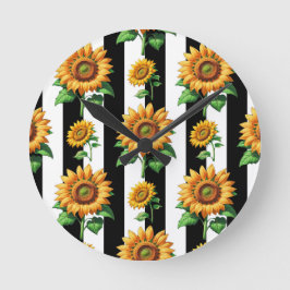 Sonnenblumen Schwarz-weiße Streifen Runde Wanduhr
