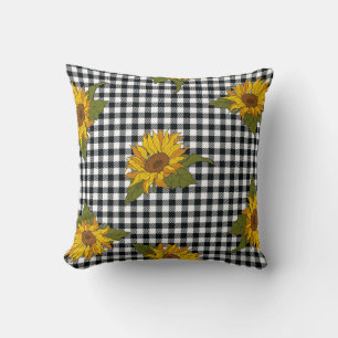 Sonnenblumen, Schwarz-weißer Büffel-Karo, Blumen. Kissen