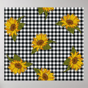 Sonnenblumen, Schwarz-weißer Büffel-Karo, Blumen. Poster