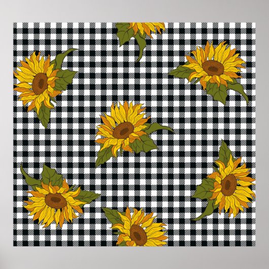 Sonnenblumen, Schwarz-weißer Büffel-Karo, Blumen. Poster (Vorne)
