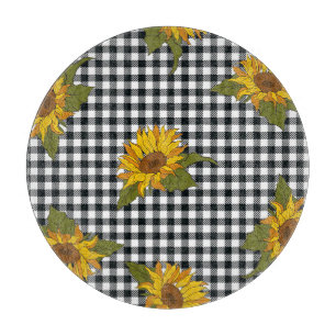 Sonnenblumen, Schwarz-weißer Büffel-Karo, Blumen. Schneidebrett