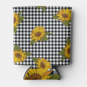 Sonnenblumen, schwarz-weißer Büffel-Karo, floral. Dosenkühler