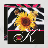 SONNENBLUMEN, SCHWARZ-WEISSES ZEBRA-FUR-MONOGRAMM EINLADUNG (Vorne/Hinten)