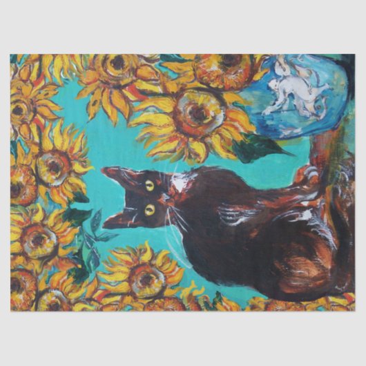 SONNENBLUMEN, SCHWARZE KATZE IN BLAUEM TÜRKISCH SEIDENPAPIER (Vorderseite)