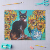 SONNENBLUMEN, SCHWARZE KATZE IN BLAUEM TÜRKISCH SEIDENPAPIER (Basteln)