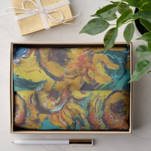 SONNENBLUMEN, SCHWARZE KATZE IN BLAUEM TÜRKISCH SEIDENPAPIER (Geschenk)