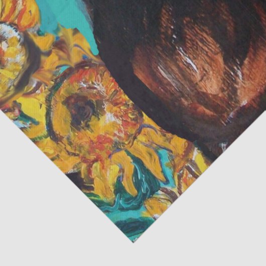 SONNENBLUMEN, SCHWARZE KATZE IN BLAUEM TÜRKISCH SEIDENPAPIER (Detail)