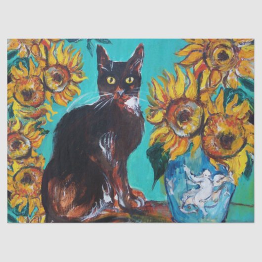 SONNENBLUMEN, SCHWARZE KATZE IN BLAUEM TÜRKISCH SEIDENPAPIER (Vorderseite)