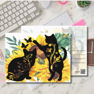 Sonnenblumen Schwarze Katzen Wasserfarben Floral Postkarte