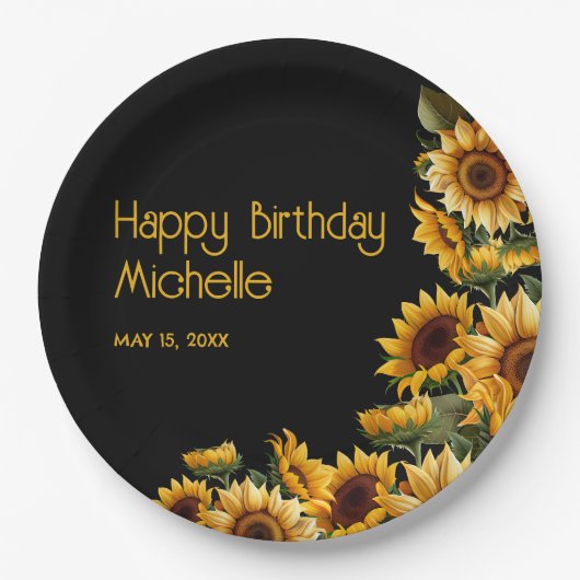 Sonnenblumen Schwarze Rustikale Elegante Glücklich Pappteller (Vorderseite)
