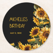 Sonnenblumen Schwarze Rustikale Elegante Name Gebu Runder Pappuntersetzer (Vorderseite)