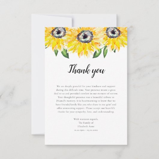 Sonnenblumen Script Beerdigung Danke Watercolor (Vorderseite)