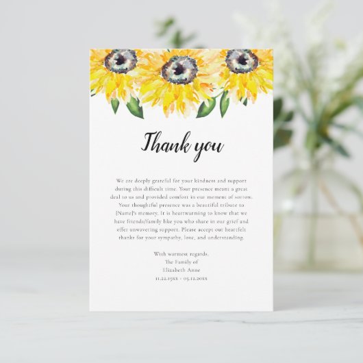 Sonnenblumen Script Beerdigung Danke Watercolor (Stehend Vorderseite)