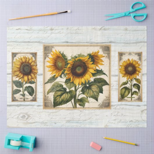 Sonnenblumen Script Ephemera Rustic Wood Decoupage Seidenpapier (Basteln)