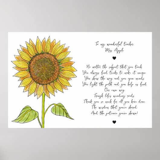Sonnenblumen & Script-Wertungsgedicht für Lehrer Poster (Vorne)