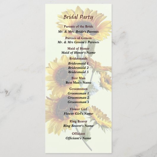 Sonnenblumen sehen Hochzeitsprogramm Programm (Rückseite)