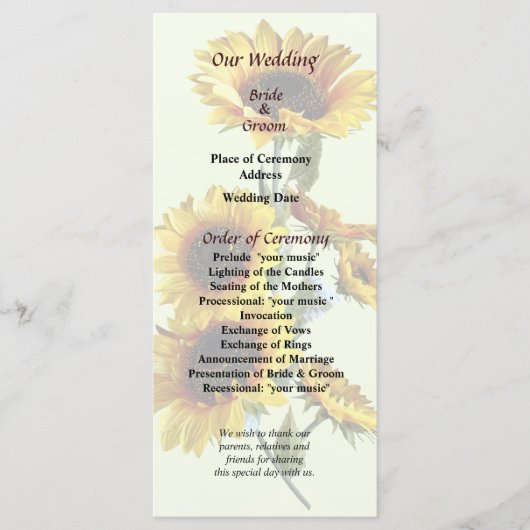 Sonnenblumen sehen Hochzeitsprogramm Programm (Vorderseite)