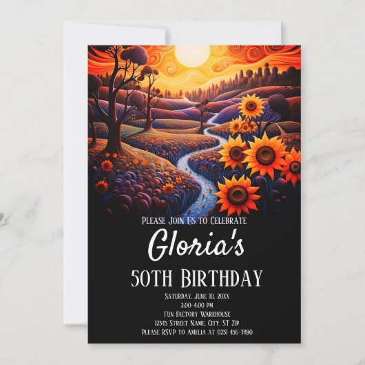 Sonnenblumen Sonnenuntergang 50. Geburtstagsparty Einladung (Vorderseite)