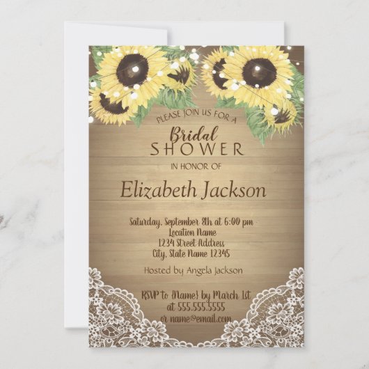 Sonnenblumen, Spitzen, Holz, Brautparty mit String Einladung (Vorderseite)