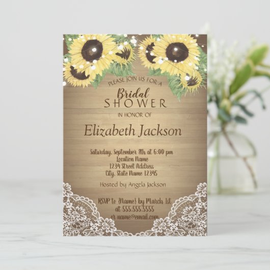 Sonnenblumen, Spitzen, Holz, Brautparty mit String Einladung (Stehend Vorderseite)