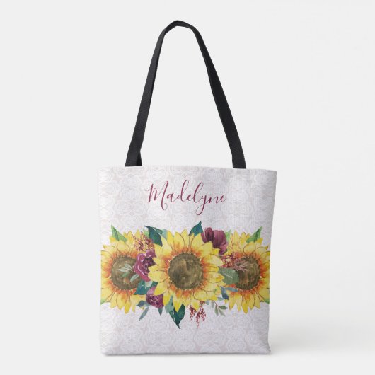 Sonnenblumen Spitzen Wasserfarbe Burgund Blumen Tasche (Rückseite)