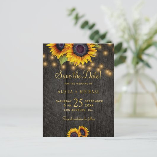 Sonnenblumen Stallenholz Hochzeit speichern das Da Ankündigungspostkarte (Stehend Vorderseite)