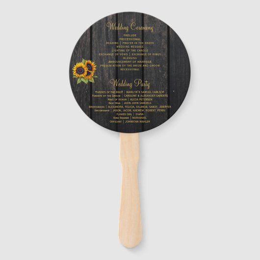 Sonnenblumen Stallholz Gold Drehbuch Hochzeitsfeie Fächer (Rückseite)