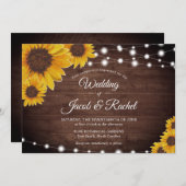 Sonnenblumen & Streichelleuchten auf Holz Rustikal Einladung (Vorne/Hinten)
