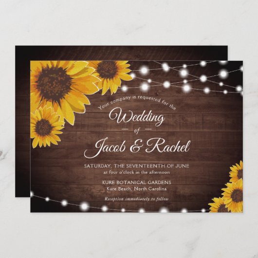 Sonnenblumen & Streichelleuchten auf Holz Rustikal Einladung (Vorne/Hinten)