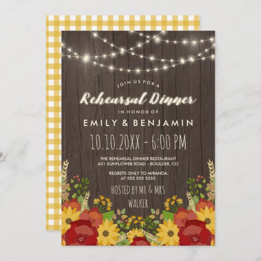 Sonnenblumen & Streichelleuchten Rustikale Probe A Einladung (Vorne/Hinten)