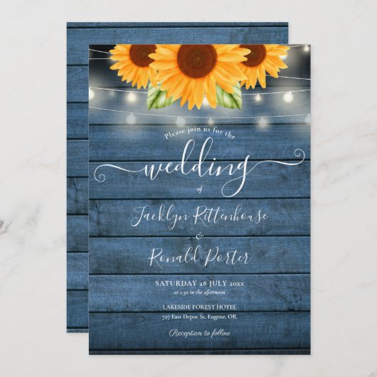 Sonnenblumen String Lights Blue Rustic Wood Weddin Einladung (Vorne/Hinten)