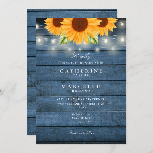 Sonnenblumen String Lights Blue Rustic Wood Weddin Einladung (Vorne/Hinten)