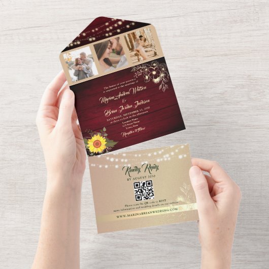 Sonnenblumen String Lights Hochzeitsstift QR Code All In One Einladung (Abreißen)