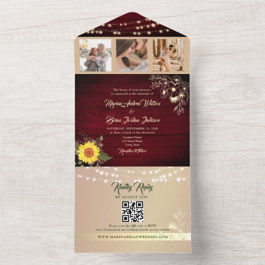 Sonnenblumen String Lights Hochzeitsstift QR Code All In One Einladung (Innen Boden)