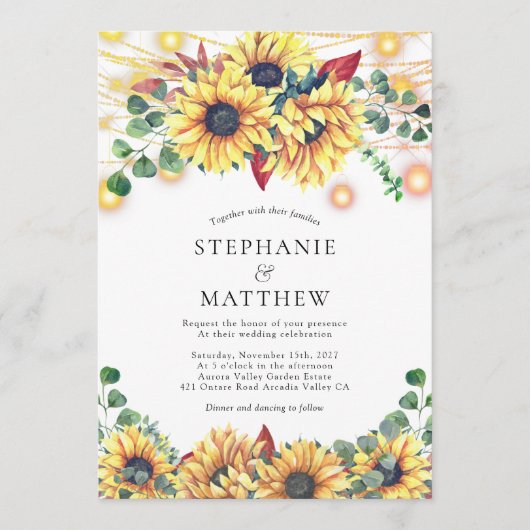 Sonnenblumen String Lights Mason Jars Hochzeit im  Einladung (Vorderseite)