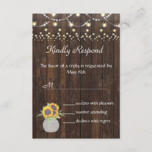 Sonnenblumen String Lights Old Wood Wedding RSVP Karte