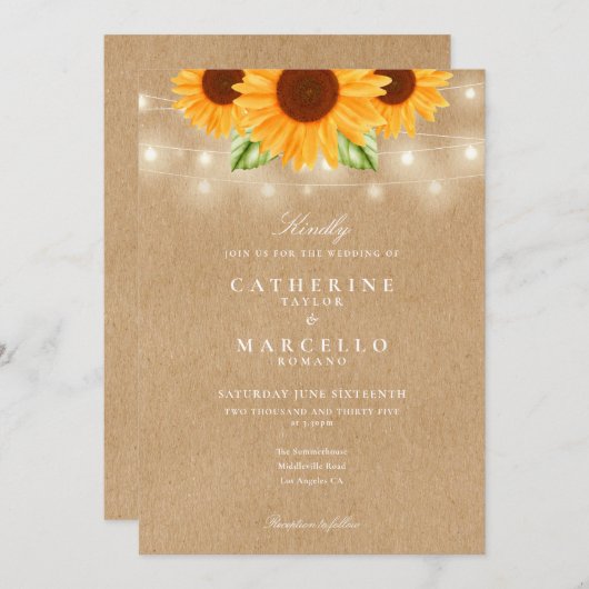 Sonnenblumen String Lights Rustic Kraft Hochzeit Einladung (Vorne/Hinten)
