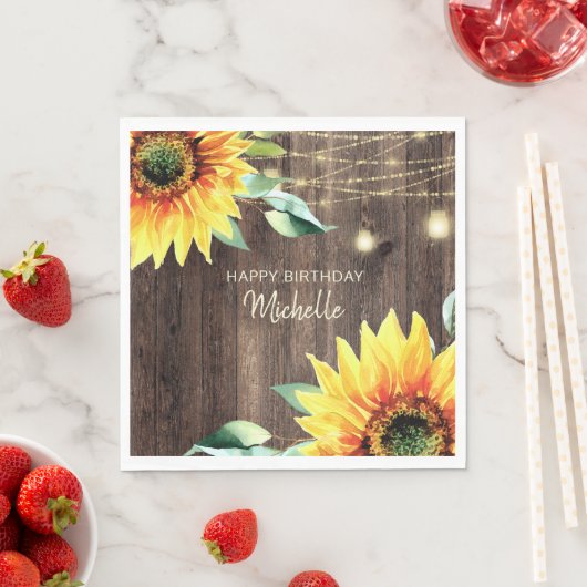 Sonnenblumen String Lights Rustikales Glück Geburt Serviette (Beispiel)