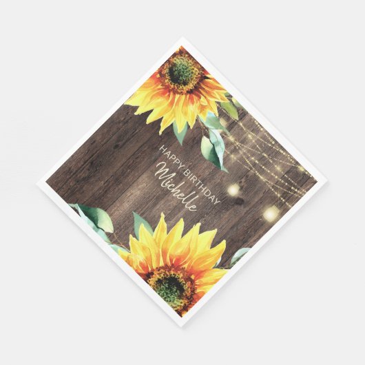 Sonnenblumen String Lights Rustikales Glück Geburt Serviette (Ecke)