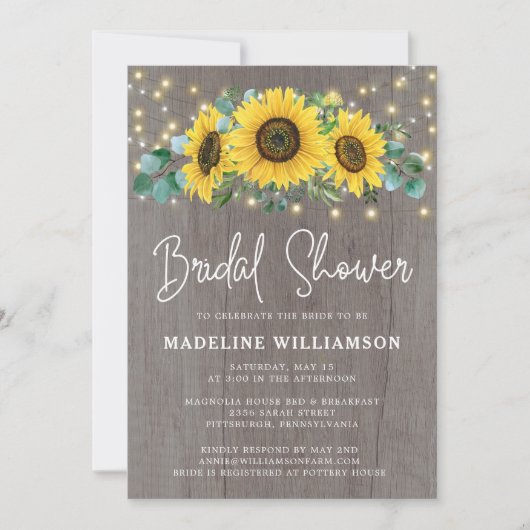 Sonnenblumen String Lights Rustisches Brautparty Einladung (Vorderseite)