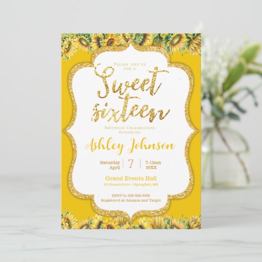 Sonnenblumen Süße 16 Einladung (Stehend Vorderseite)