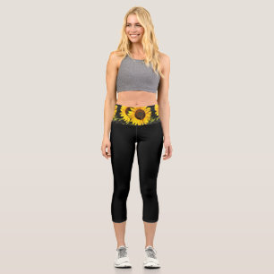 Sonnenblumen-Taille auf schwarzer Capri-Leggings Capri Leggings
