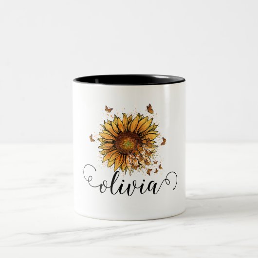 Sonnenblumen-Tasse, Personalisiert, Herbst-Tasse, Zweifarbige Tasse (Mittel)